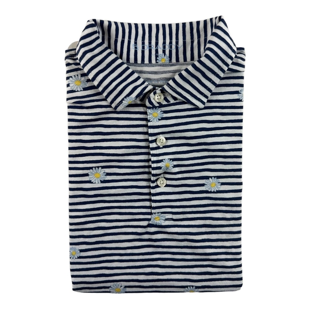 B Draddy Mens Small Blue White Striped Floral Daisy Print Polo Shirt